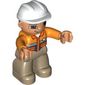 Duplo Figure with Construction Helmet White, and Orange Long Sleeve Jacket, Dark Tan Legs