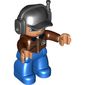 Duplo Figure with Headset and Cap Black, with Reddish Brown Top with ID Badge Print, Nougat Face and Hands, and Blue Legs