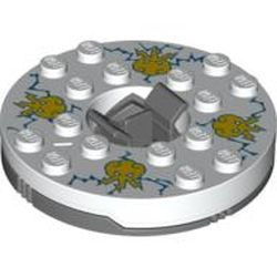 Turntable 6 x 6 Round Dark Bluish Gray Base with White Top with Yellow Faces on Blue Print (Ninjago Spinner)