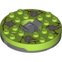 Turntable 6 x 6 Round Dark Bluish Gray Base with Lime Top with Gray Faces on Brown Print (Ninjago Spinner)