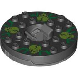 Turntable 6 x 6 Round Dark Bluish Gray Base with Black Top with Lime Skulls on Green Print (Ninjago Spinner)