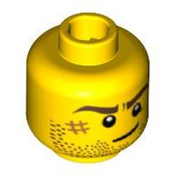 Minifig Head Mac McCloud / Lion Knight, Beard Stubble, Brown Eyebrows, Crooked Smile, White Pupils and Scar Print
