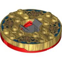 Turntable 6 x 6 Round Red Base with Pearl Gold Top with Gold Faces on Blue Print (Ninjago Spinner)