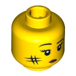 Minifig Head Cave Woman, Eyelashes and Eyebrows, White Pupils, Red Lips and Smudge on Cheek Print