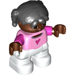 Duplo Figure Child with Pigtails Black, with Bright Pink Top with Dark Pink Heart and Sleeves - Dark Brown Face and Hands - White Legs