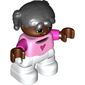 Duplo Figure Child with Pigtails Black, with Bright Pink Top with Dark Pink Heart and Sleeves - Dark Brown Face and Hands - White Legs