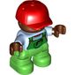 Duplo Figure Child with Cap Red, with Light Bright Blue Shirt under Green Coveralls - Dark Brown Face and Hands - Bright Green Legs