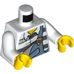 Torso Prison Shirt, Torn Overalls over Prison Stripes Print, White Arms, Yellow Hands