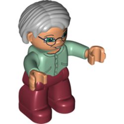 Duplo Figure Bob / Pageboy Hair Light Gray, with Dark Red Legs, Sand Green Sweater, Green Eyes, Glasses
