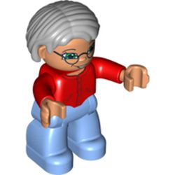 Duplo Figure Bob / Pageboy Hair Gray, with Medium Blue Legs, Red Sweater, Blue Eyes, Glasses