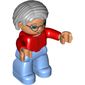 Duplo Figure Bob / Pageboy Hair Gray, with Medium Blue Legs, Red Sweater, Blue Eyes, Glasses