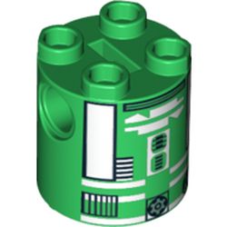 Brick Round 2 x 2 x 2 Robot Body, Axle Holder '+' Orientation with Black and White Astromech Droid Print (R3-D5)