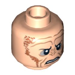 Minifig Head Saesee Tiin, Small Eyes with Pupils, Orange Dots on Sides, Angry Print