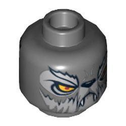 Minifig Head Wakz, Dual Sided, Wolf with Yellow Eyes, Fur, Eyebrows, Fangs, Closed Mouth / Open Mouth Print [Hollow Stud]