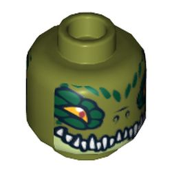 Minifig Head Crawley, Dual Sided, Crocodile with Dark Green Eye Borders, Wide Eyes / Narrow Eyes Print [Hollow Stud]