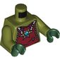 Torso Dark Red Vest with Star Shaped Necklace with Blue Round Jewel (Chi), Back with Gold Crocodile Jaws Print, Olive Green Arms, Dark Green Hands
