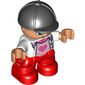 Duplo Figure Child with Riding Helmet Black, with White Top over Pink Shirt with Heart - Red Legs