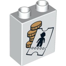 Duplo Brick 1 x 2 x 2 with Coins and Ticket with Minifig Silhouette Print