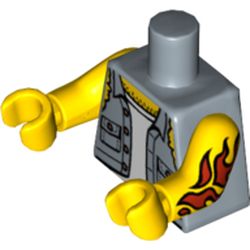 Torso Shirt with Ripped Off Sleeves, Buttons on Pockets, Jolly Roger Back Print, Yellow Arms and Hands with Red Fire Tattoo Print on Left Arm