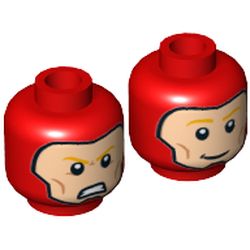 Minifig Head The Flash, Balaclava, Light Nougat Face, Orange Eyebrows, Cheek Lines, Smiling / Angry Print