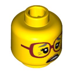 Minifig Head Sherry Scratchen-Post, Dark Red Glasses, Gray Eyebrows, Crow's Feet, Open Mouth Print [Hollow Stud]