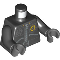 Torso Jacket with 3 Zippers, Minifig Head Police Badge, Radio and Belt Print, Black Arms, Dark Bluish Gray Hands