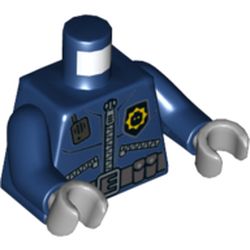 Torso Police Jacket with 3 Zippers, Minifig Head Badge, Radio and Belt with Pockets Print, Dark Blue Arms, Light Bluish Gray Hands