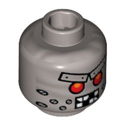 Minifig Head Wiley Fusebot, Red Eyes, Metal Eyebrows with Rivets, Broken Teeth and Stubble Bolts Print [Hollow Stud]