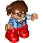 Duplo Figure Child with Pigtails Reddish Brown, with Medium Blue Jacket over Shirt with Pink Flower - Red Legs