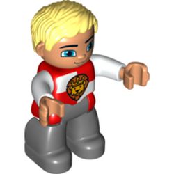 Duplo Figure with Parted Wavy Hair Light Yellow, Dark Bluish Gray Legs, Castle Lion Crest, Nougat Face and Hands