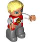 Duplo Figure with Parted Wavy Hair Light Yellow, Dark Bluish Gray Legs, Castle Lion Crest, Nougat Face and Hands