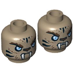 Minifig Head Strainor, Dual Sided, Tiger with Fur, Fangs, Light Blue Eyes and Black Stripes, Neutral / Angry Print [Hollow Stud]