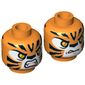 Minifig Head Tormak, Dual Sided, Tiger with Orange Eyes, Fangs and Black Stripes, Neutral / Angry Print [Hollow Stud]