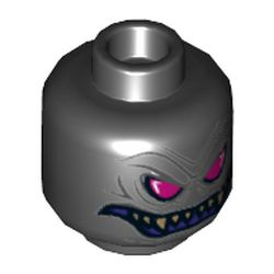 Minifig Head Overlord, Magenta Eyes, Purple Grin with Sharp Teeth, Gold Vertebra on Back Print