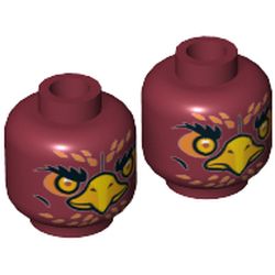 Minifig Head Foltrax, Dual Sided, Phoenix with Amber Eyes, Circles, Orange Feathers and Yellow Beak, Neutral / Stern Print [Hollow Stud]