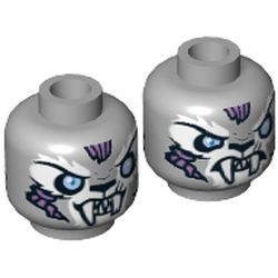 Minifig Head Sykor, Dual Sided, Tiger with Fangs, White Face Fur and Light Blue Eyes, Smiling / Angry Print [Hollow Stud]