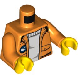 Torso Jacket with Pockets over White Sweater, Arctic Explorer Logo on Reverse Print, Orange Arms, Yellow Hands