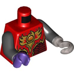 Torso Armor with Dark Red and Gold Armor with Scales and Fire Chi Emblem Print, Black Arms, Dark Purple Hand Right, Flat Silver Hook Left