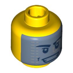 Minifig Head, Stern Eyebrows, Mouth Lines / Dark Bluish Gray Visor with Silver Squares, Open Smile with Teeth Print
