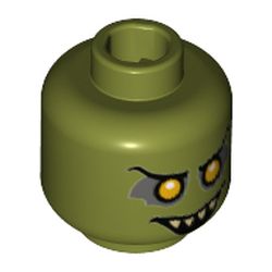 Minifig Head, Orange Eyes with White Pupils, Black Eyebrows, Open Smile with Pointed Teeth Print
