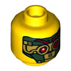 Minifig Head Nya (Samurai X), Eyebrows, Eyelashes, Brown Lips / Green and Gold Mask, Red Eyes and Eyebrows Print