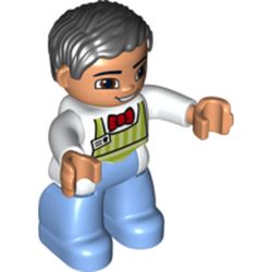Duplo Figure with Parted Wavy Hair Black, with White Shirt and Green Stripe Apron - Medium Blue Legs - Vendor/Waiter, Square Eyes