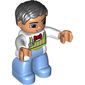 Duplo Figure with Parted Wavy Hair Black, with White Shirt and Green Stripe Apron - Medium Blue Legs - Vendor/Waiter, Square Eyes