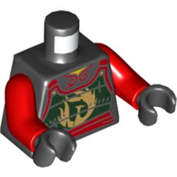 Torso Samurai Armor with Dark Green Panels, Gold Phoenix and Red Sash Print, Red Arms, Black Hands