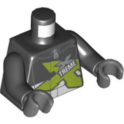 Torso Race Jacket with Zipper and Lime, Silver and White 'XTREME' Print, Black Arms, Dark Bluish Gray Hands