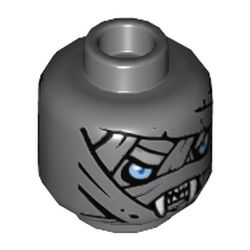 Minifig Head Saraw / Warrior, Dual Sided, Mummy with Wrapping and Light Blue Eyes, Fangs / No Fangs Print [Hollow Stud]