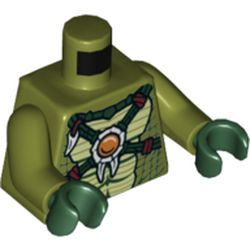 Torso Crocodile Skin with Dark Green Crossing Straps and Fire Chi Emblem Print, Olive Green Arms, Dark Green Hands