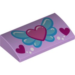 Slope Brick Curved 2 x 4 x 2/3 No Studs, with Bottom Tubes and Pink Heart on Blue Wings, White Circles and 2 Magenta Hearts Print