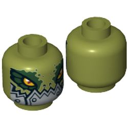 Minifig Head Crokenburg, Crocodile with Dark Green Rimmed Eyes, Metallic Silver Plates with Rivets Lower Jaw Print [Hollow Stud]