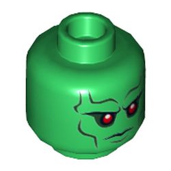 Minifig Head Martian Manhunter, Red Eyes, Dark Bluish Gray Eyebrows, Cheek Lines Stern Expression Print [Hollow Stud]